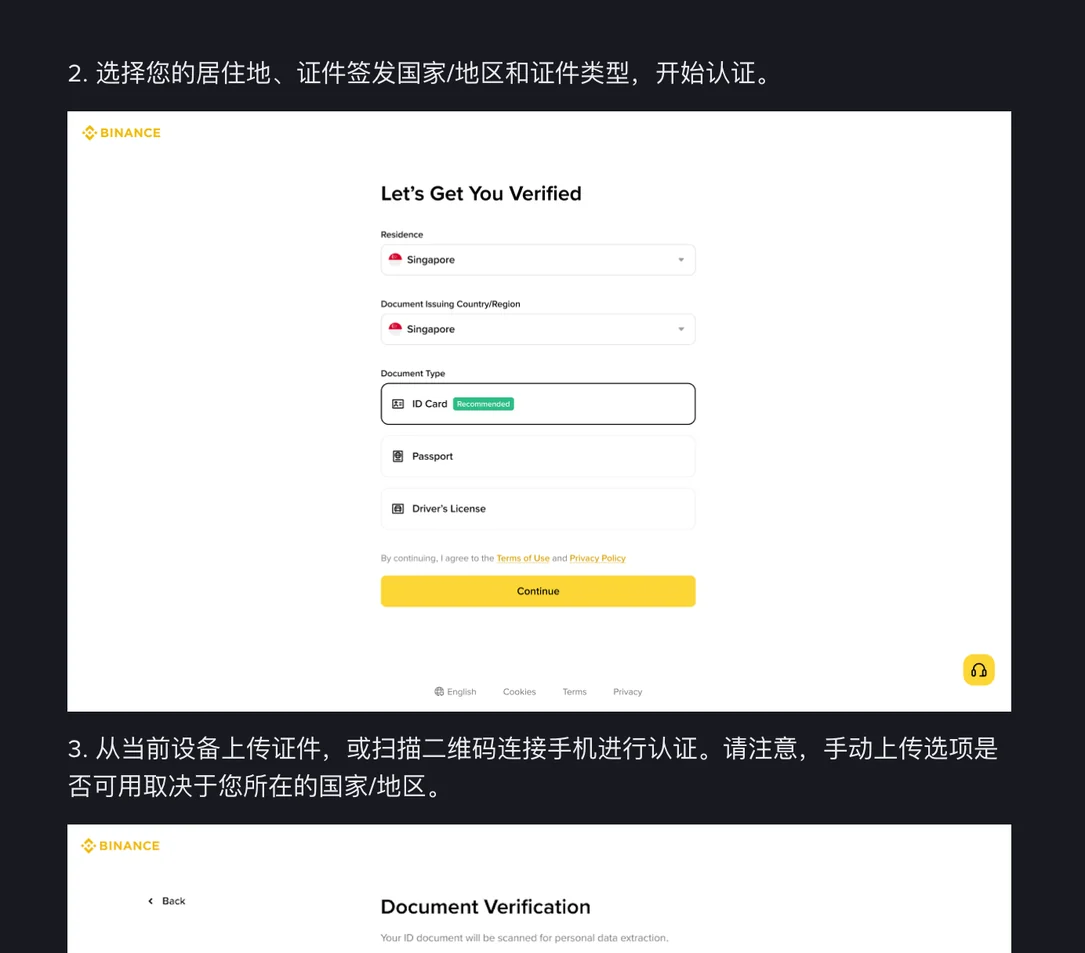 币安帮助中心身份认证第 2 步示意图：Let's Get You Verified 页面，依次选择居住地、证件签发国家/地区，证件类型可选身份证、护照、驾照