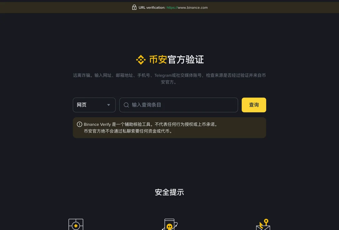 币安官方验证页：左侧下拉框选择类型为网页，中间是查询输入框，右侧是查询按钮，下方提示 Binance Verify 是辅助核验工具、币安官方绝不会通过私聊索要资金或代币